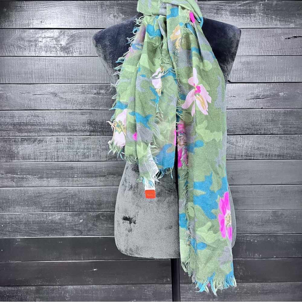 GAP Green and Pink Floral Scarf with Fringed Edges